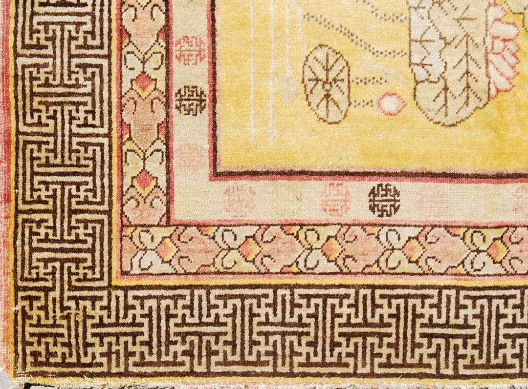 5x7 Fine Handmade Antique Samarkand East Turkestan Wool Area Rug in Rich Yellow Floral Design with Greek Key Border Curated by Ariana Rugs