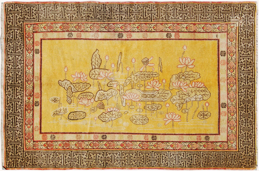 5x7 Fine Handmade Antique Samarkand East Turkestan Wool Area Rug in Rich Yellow Floral Design with Greek Key Border Curated by Ariana Rugs