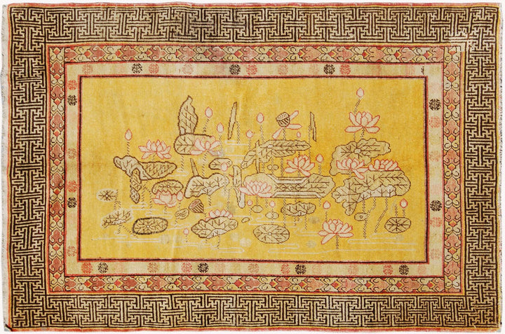 5x7 Fine Handmade Antique Samarkand East Turkestan Wool Area Rug in Rich Yellow Floral Design with Greek Key Border Curated by Ariana Rugs