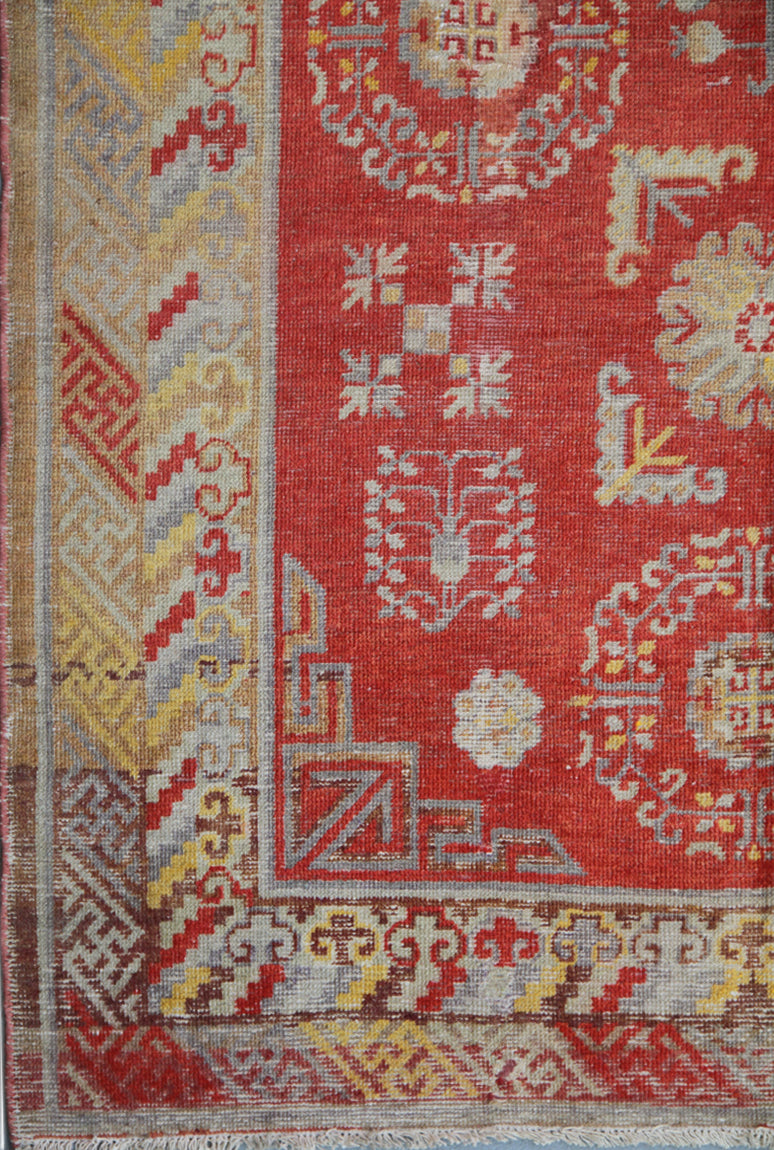 5x9 Fine Handmade Antique Samarkand Khotan Wool Area Rug in Red and Gold Geometric Medallion Design by Ariana Rugs