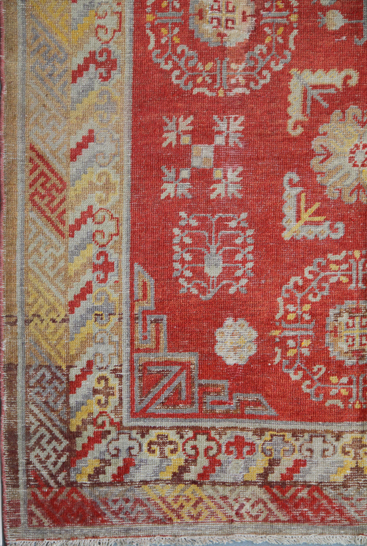 5x9 Fine Handmade Antique Samarkand Khotan Wool Area Rug in Red and Gold Geometric Medallion Design by Ariana Rugs