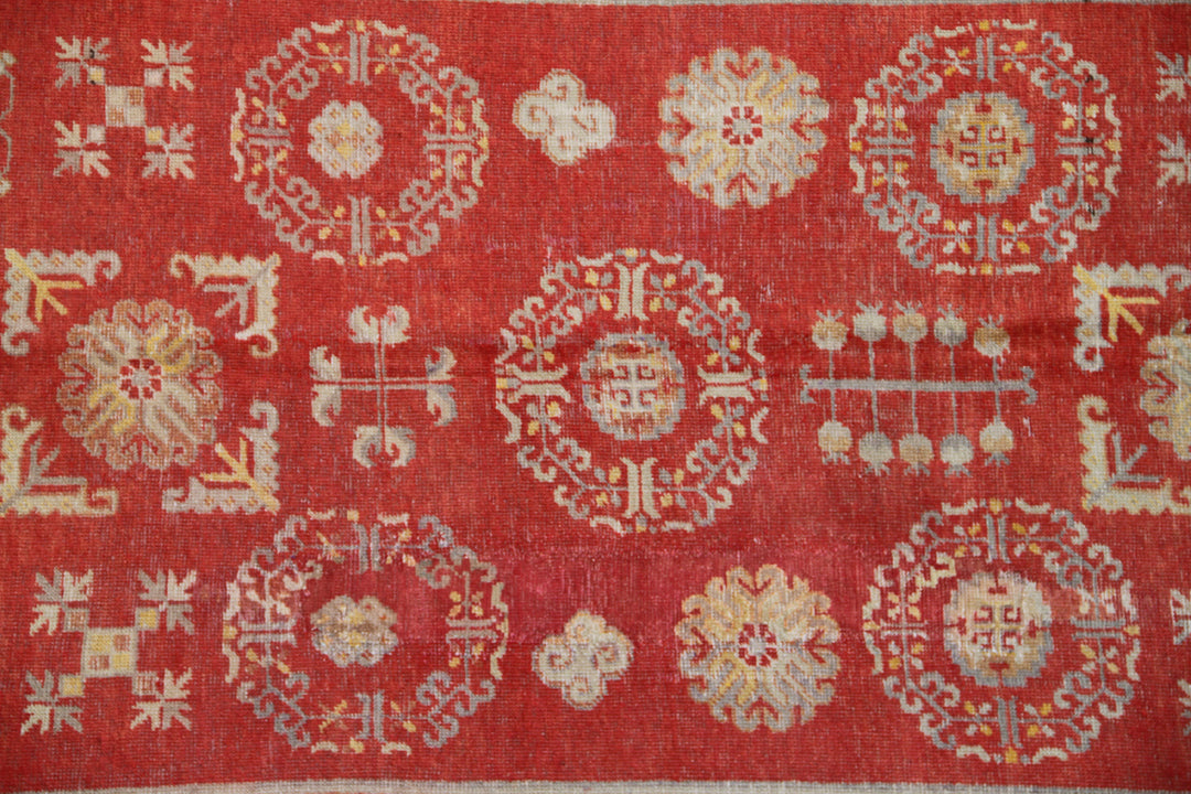 5x9 Fine Handmade Antique Samarkand Khotan Wool Area Rug in Red and Gold Geometric Medallion Design by Ariana Rugs