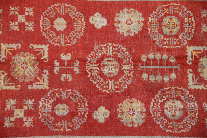 5x9 Fine Handmade Antique Samarkand Khotan Wool Area Rug in Red and Gold Geometric Medallion Design by Ariana Rugs