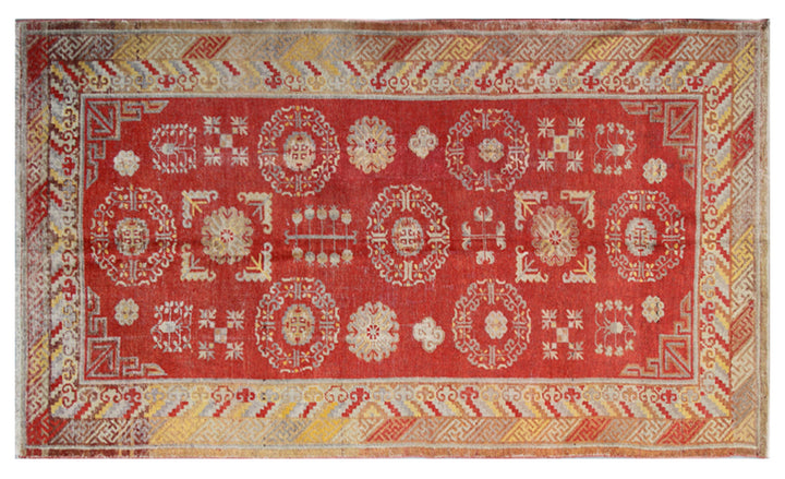 5x9 Fine Handmade Antique Samarkand Khotan Wool Area Rug in Red and Gold Geometric Medallion Design by Ariana Rugs