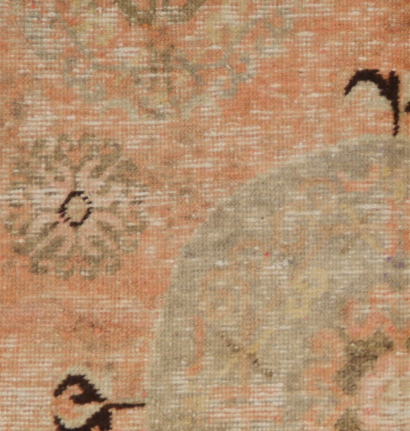4x8 Fine Handmade Antique Samarkand Khotan Wool Area Rug in Soft Pink, Orange, and Black with Center Medallion by Ariana Rugs