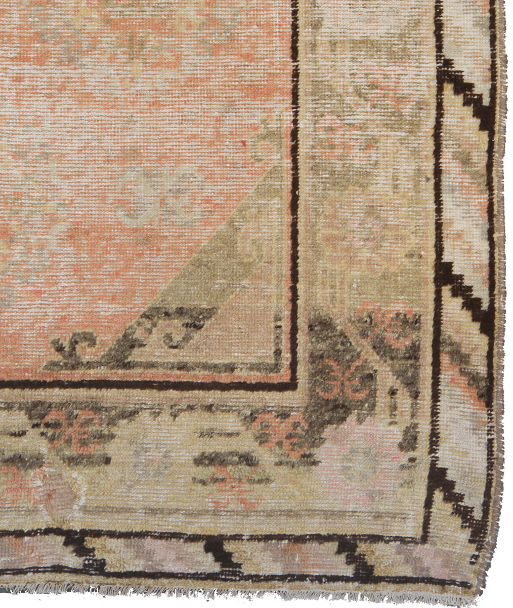 4x8 Fine Handmade Antique Samarkand Khotan Wool Area Rug in Soft Pink, Orange, and Black with Center Medallion by Ariana Rugs