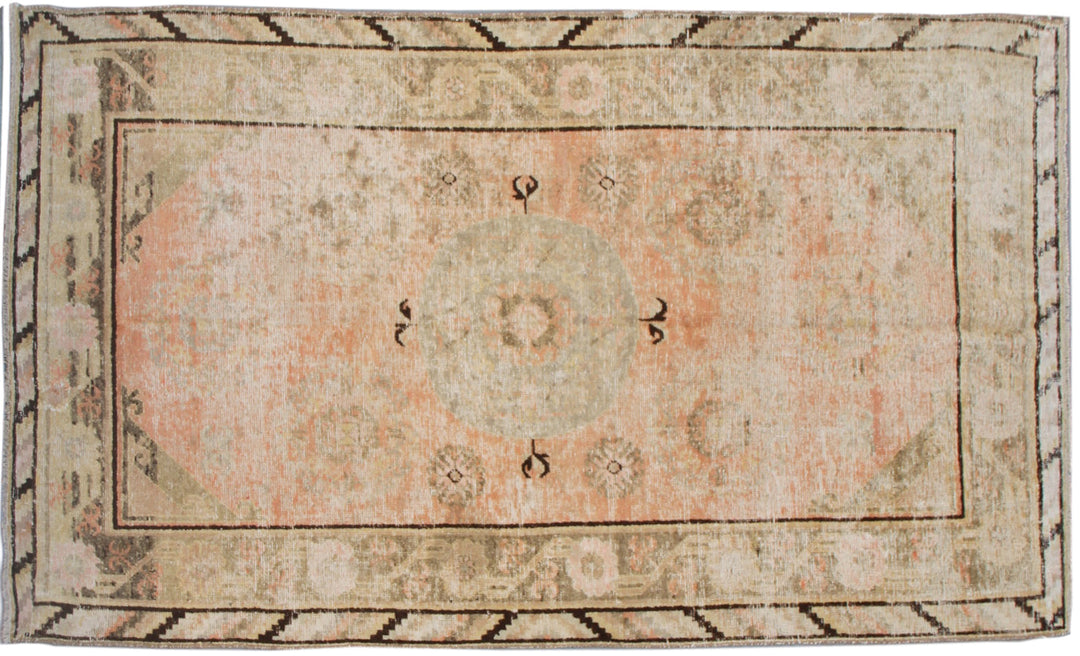 4x8 Fine Handmade Antique Samarkand Khotan Wool Area Rug in Soft Pink, Orange, and Black with Center Medallion by Ariana Rugs