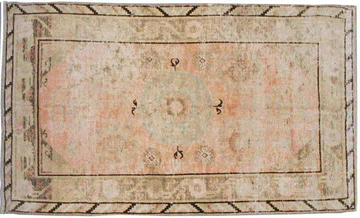 4x8 Fine Handmade Antique Samarkand Khotan Wool Area Rug in Soft Pink, Orange, and Black with Center Medallion by Ariana Rugs
