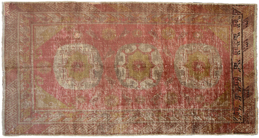 8x4 Fine Handmade Antique Samarkand Medallion Wool Rug in Orange Rust with Three Medallions and Multiple Borders by Ariana Rugs