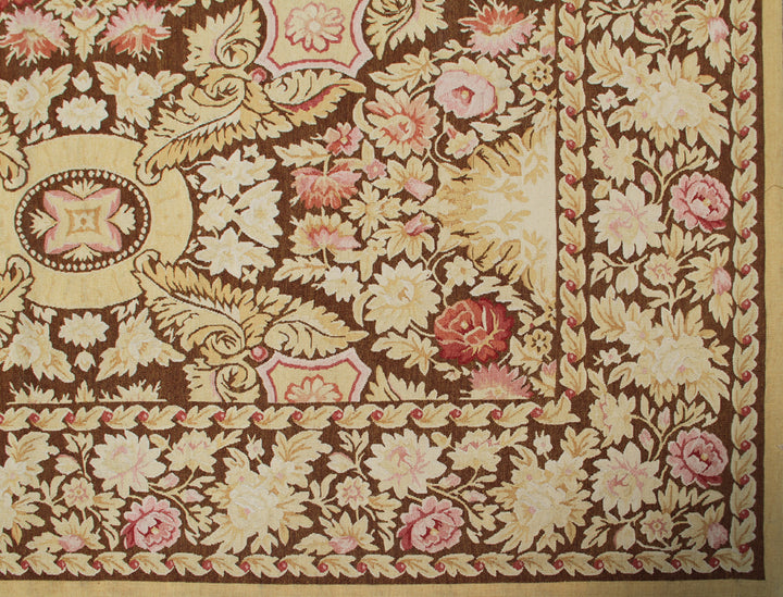 Fine handwoven wool French style Aubusson area rug with intricate floral motifs and cotton backing