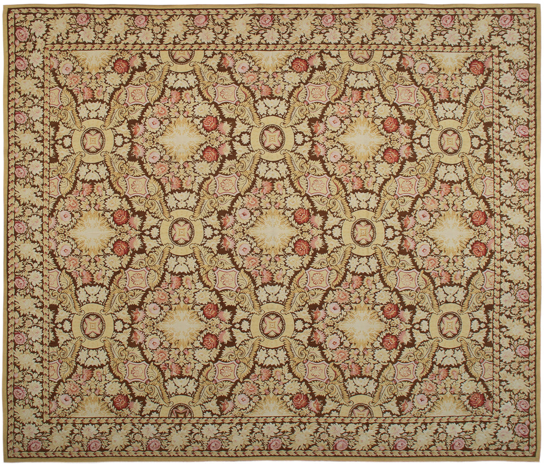 Fine handwoven wool French style Aubusson area rug with intricate floral motifs and cotton backing