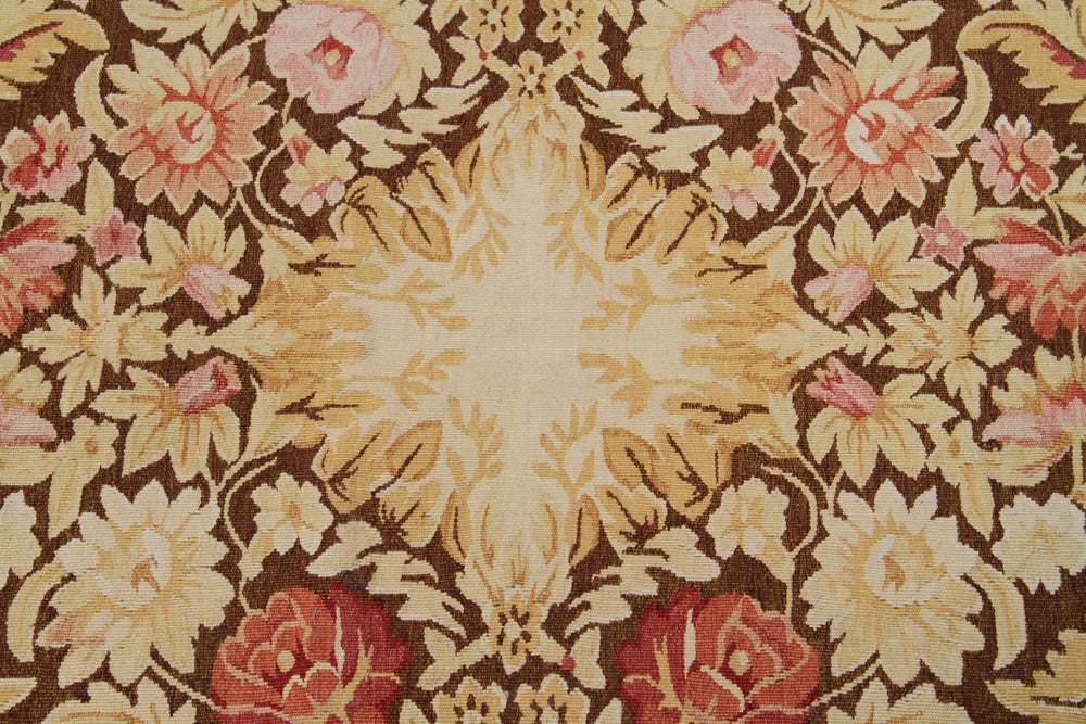 Fine handwoven wool French style Aubusson area rug with intricate floral motifs and cotton backing
