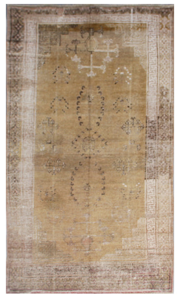 Vintage antique Samarkand Khotan hand-knotted wool runner measuring 8'9" x 4'7" featuring a luminous gold, white, and brown color palette.