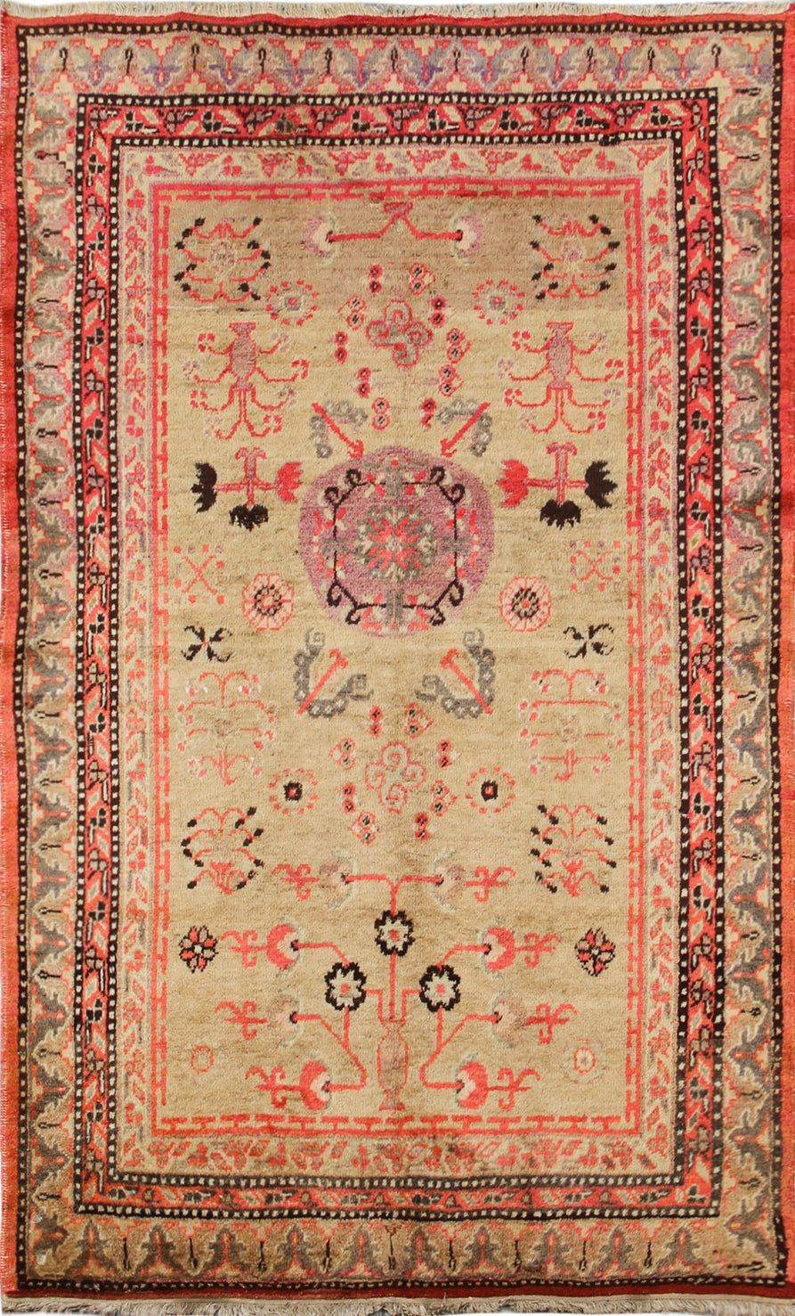 Antique Samarkand Khotan hand-knotted wool rug measuring 9'0" x 5'0" featuring a geometric medallion design in gold, yellow, pink, red, and brown.