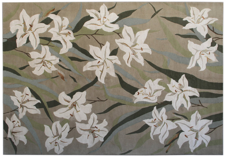 One-of-a-kind 6x9 hand-knotted Tibetan wool and silk rug with a green background and white floral design.