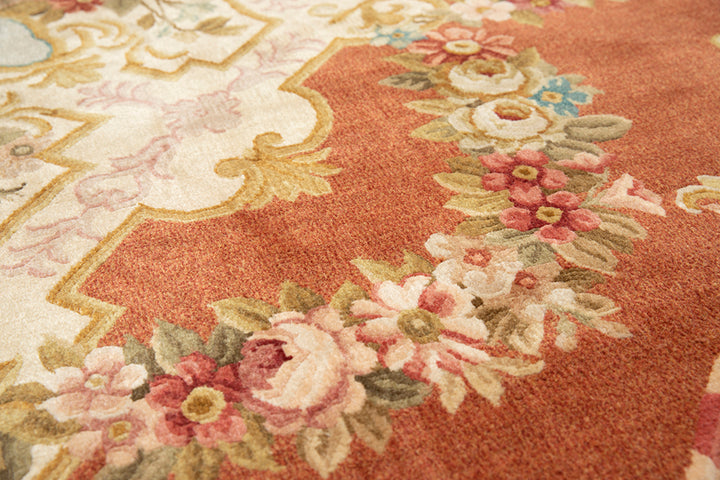 13x19 Rust and Terracotta Floral French Savonnerie Medallion Rug