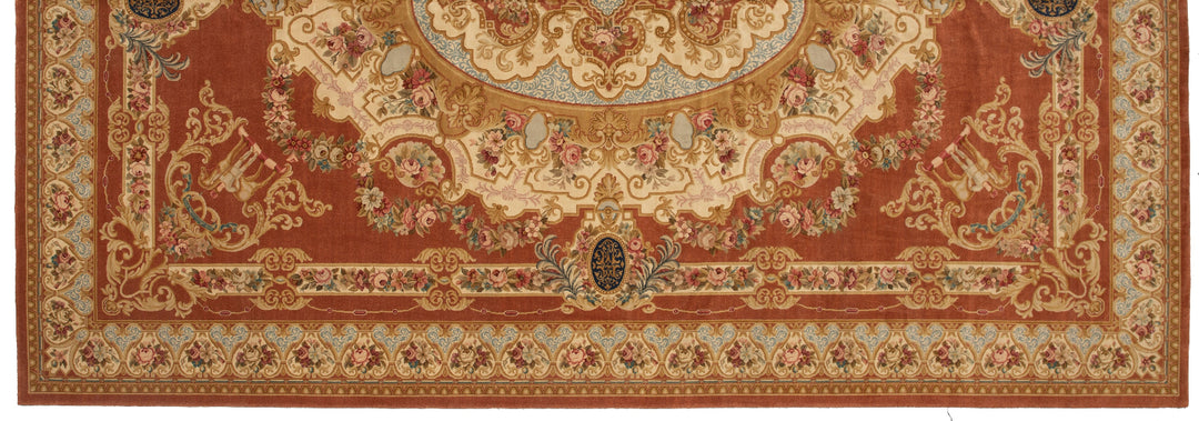 13x19 Rust and Terracotta Floral French Savonnerie Medallion Rug