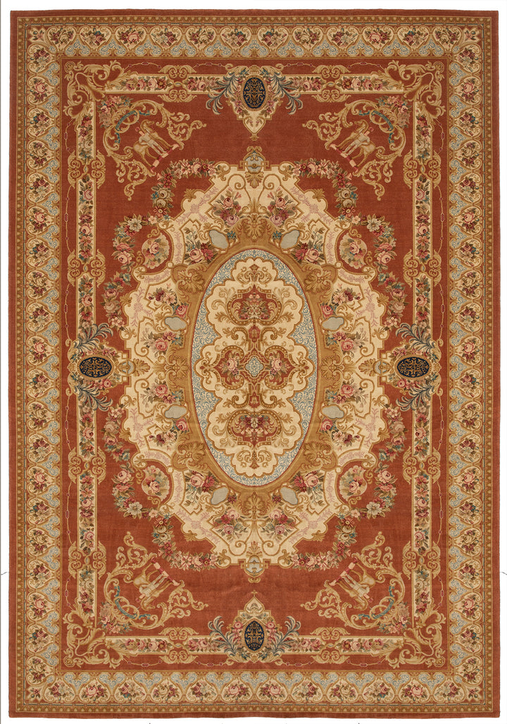 13x19 Rust and Terracotta Floral French Savonnerie Medallion Rug