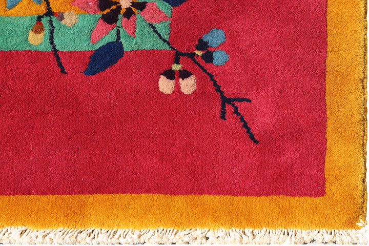 3'x5' Area Rug | Vintage Chinese Art Deco | Pink and Gold | Hand-knotted Wool