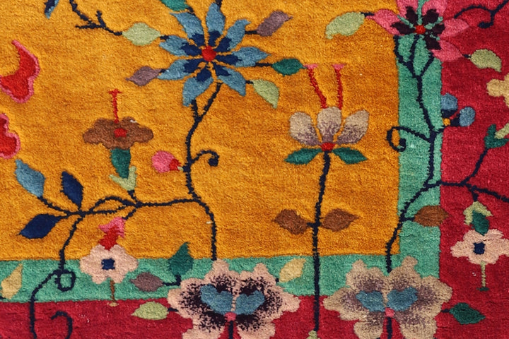 3'x5' Area Rug | Vintage Chinese Art Deco | Pink and Gold | Hand-knotted Wool