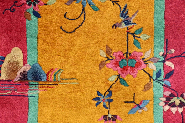 3'x5' Area Rug | Vintage Chinese Art Deco | Pink and Gold | Hand-knotted Wool