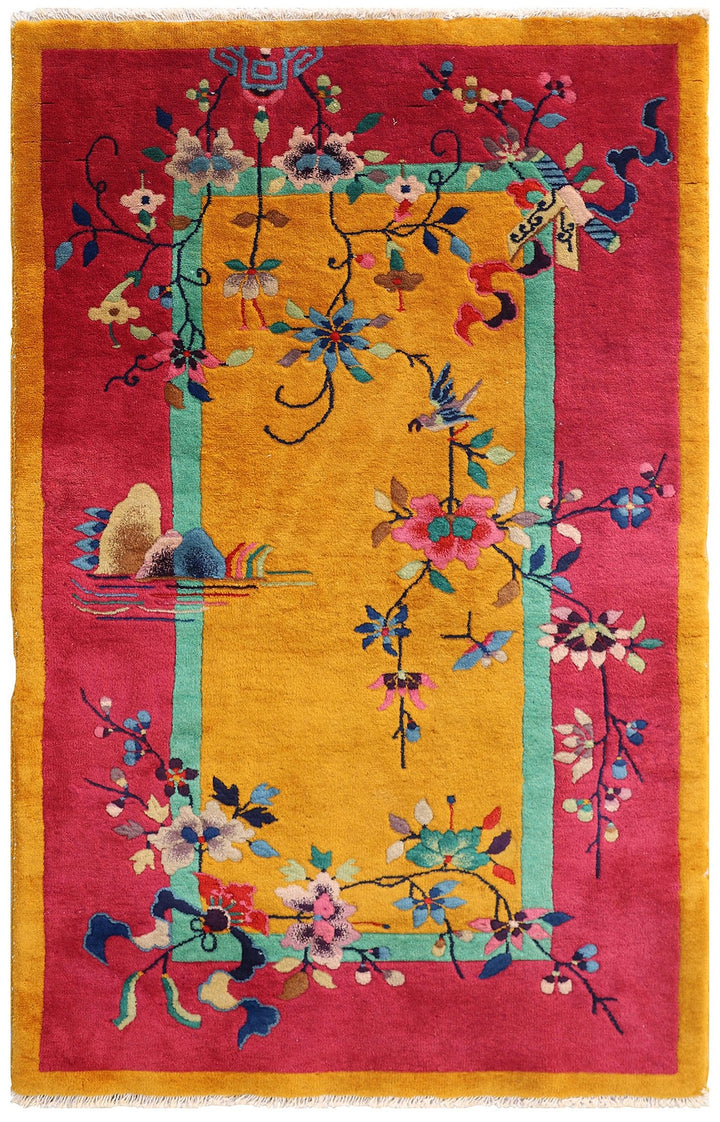 3'x5' Area Rug | Vintage Chinese Art Deco | Pink and Gold | Hand-knotted Wool