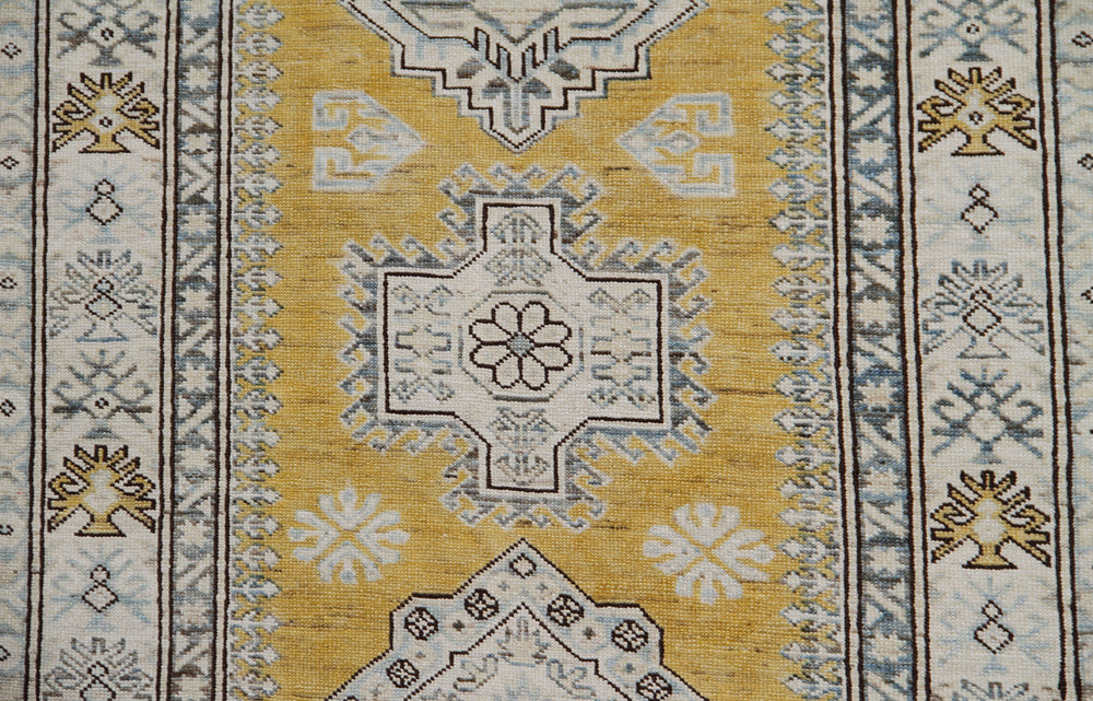 3x35 Yellow Gold Ivory Blue Brown Contemporary Caucasian Design Ariana Hazara Collection Long Runner Rug