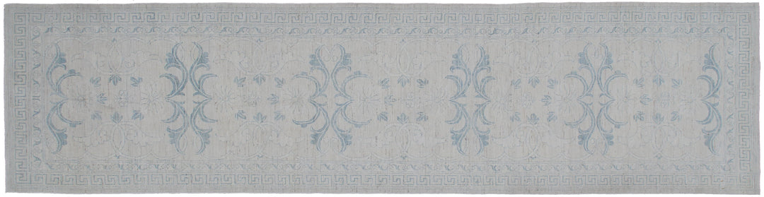 Unique hand-knotted Ariana transitional floral runner rug in soft blue and luminous ivory