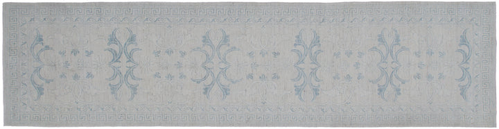 Unique hand-knotted Ariana transitional floral runner rug in soft blue and luminous ivory