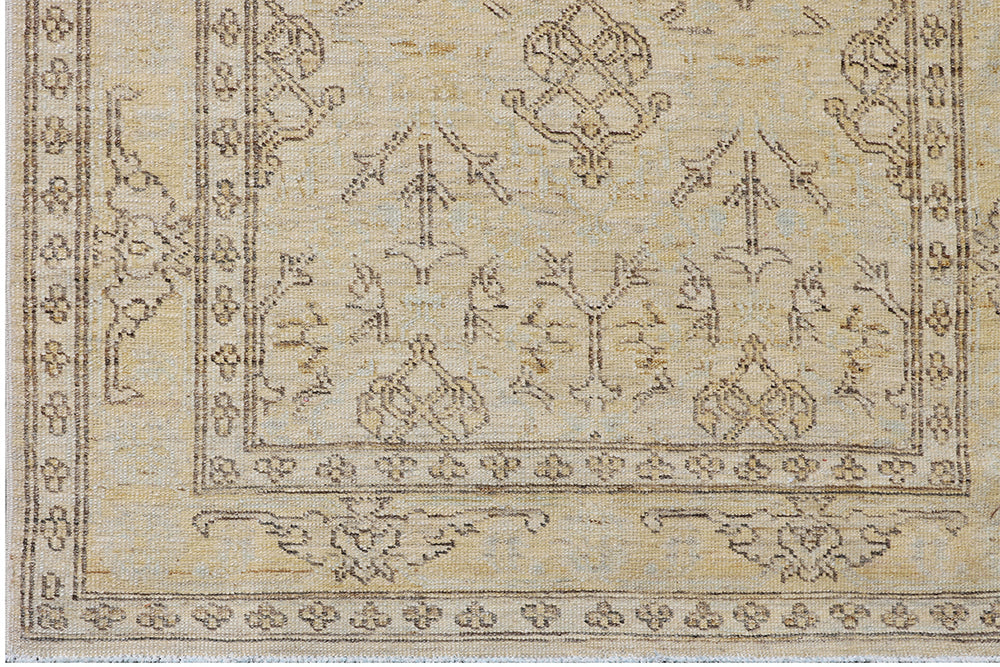 Fine hand-knotted Ariana transitional European design wool runner rug in rich camel, blue, brown, and terracotta tones