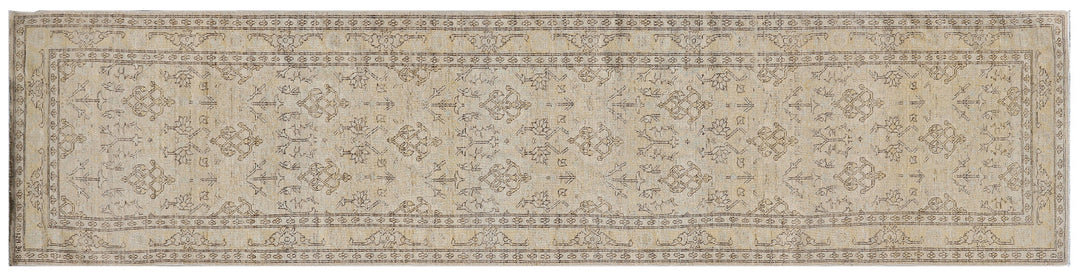 Fine hand-knotted Ariana transitional European design wool runner rug in rich camel, blue, brown, and terracotta tones