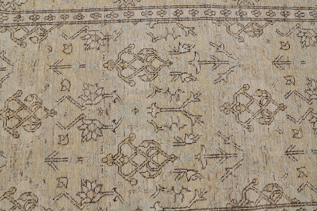 Fine hand-knotted Ariana transitional European design wool runner rug in rich camel, blue, brown, and terracotta tones