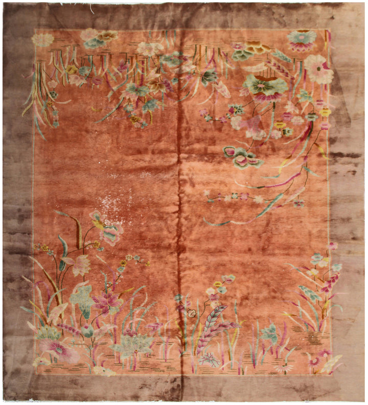 Large 9x11 Vintage Chinese Art Deco Floral Wool Rug
