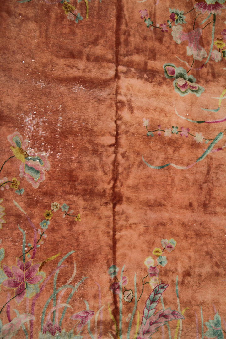 Large 9x11 Vintage Chinese Art Deco Floral Wool Rug