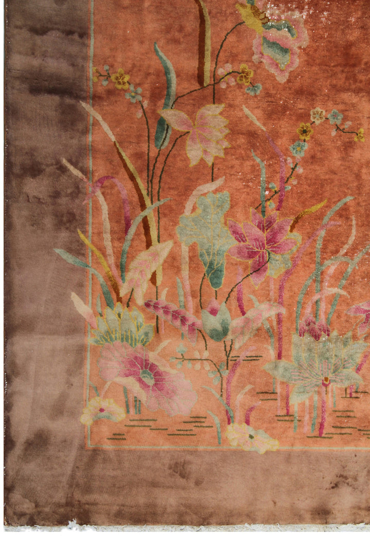 Large 9x11 Vintage Chinese Art Deco Floral Wool Rug