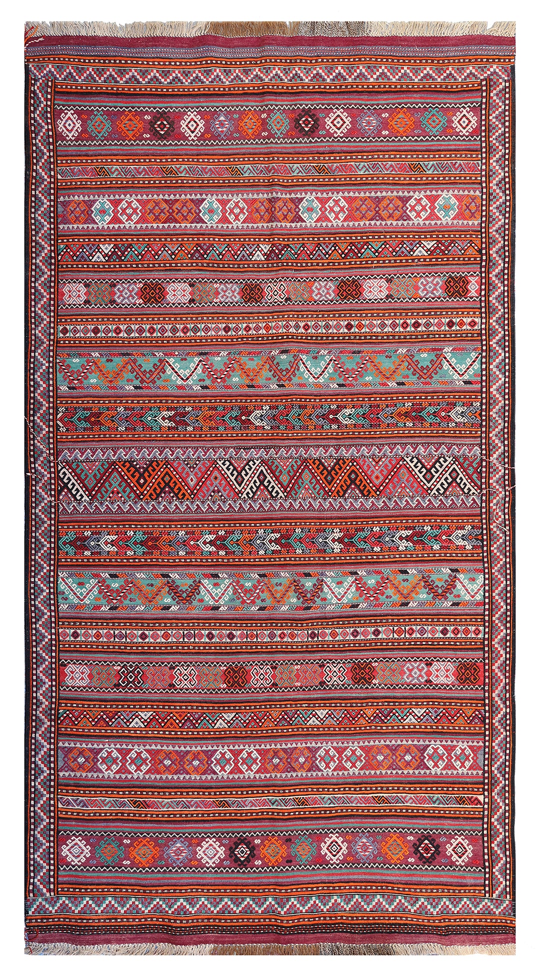 Fine vintage 5'2" x 9'9" Persian Soumak tribal kilim with ivory, red, and teal vegetable dyes, curated by Ariana Rugs in West Hollywood.