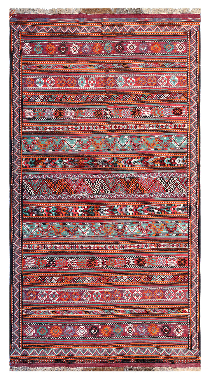 Fine vintage 5'2" x 9'9" Persian Soumak tribal kilim with ivory, red, and teal vegetable dyes, curated by Ariana Rugs in West Hollywood.